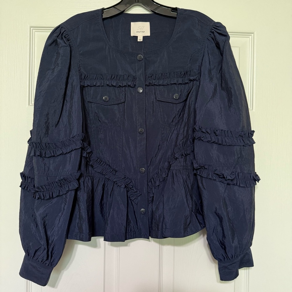 Cinq a Sept Navy Kumiko Ruffle-Trim Peplum Jacket